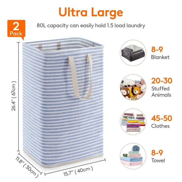Alt view image 4 of 7 - 80L Large Laundry Baskets, Laundry Hampers Bags, 2 Pack, Blue | Freestanding, Waterproof, Collapsible Clothes Hamper with Reinforced Handles for Dorm, Laundry Room, Bedroom, Bathroom