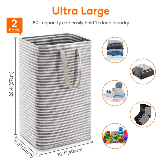 Alt view image 3 of 7 - 80L Large Laundry Baskets, Laundry Hampers Bags, 2 Pack, Black | Freestanding, Waterproof, Collapsible Clothes Hamper with Reinforced Handles for Dorm, Laundry Room, Bedroom, Bathroom