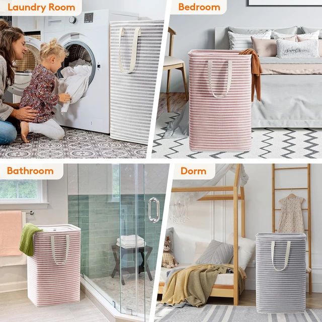 Alt view image 7 of 7 - 80L Large Laundry Baskets, Laundry Hampers Bags, 2 Pack, Grey&Pink | Freestanding, Waterproof, Collapsible Clothes Hamper with Reinforced Handles for Dorm, Laundry Room, Bedroom, Bathroom