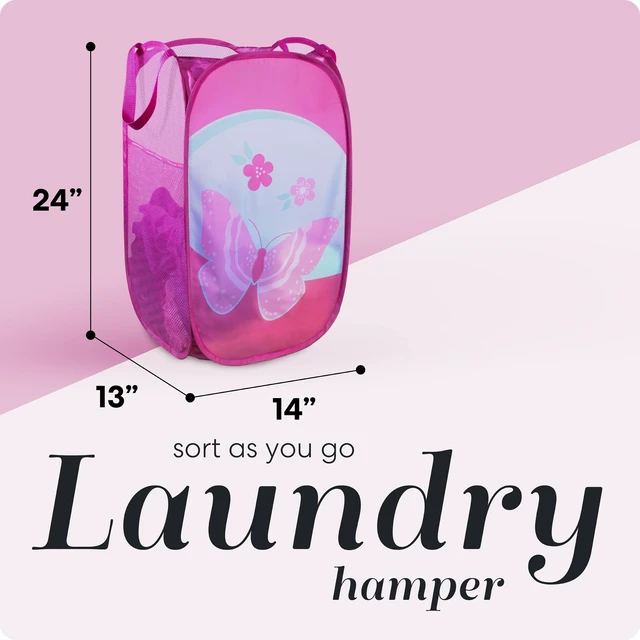 Alt view image 2 of 7 - Collapsible Mesh Pop Up Hamper (Butterfly) | Wide Opening, Side Pocket, Breathable, Sturdy, Foldable, Space-Saving for Clothes Storage