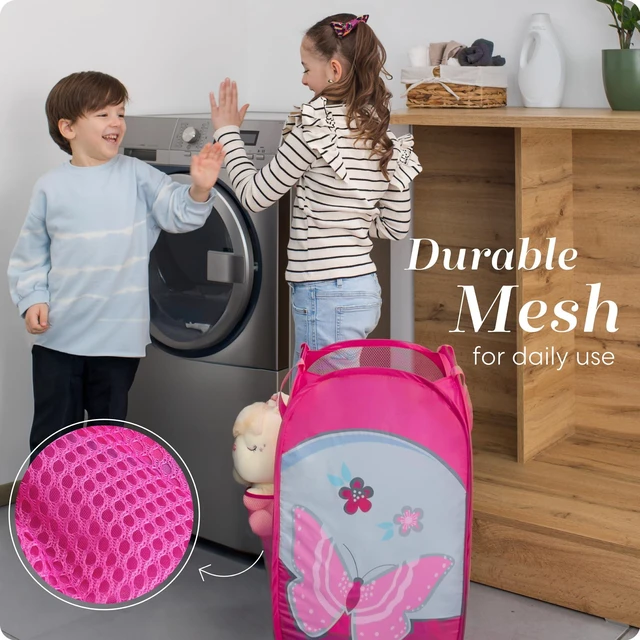 Alt view image 5 of 7 - Collapsible Mesh Pop Up Hamper (Butterfly) | Wide Opening, Side Pocket, Breathable, Sturdy, Foldable, Space-Saving for Clothes Storage