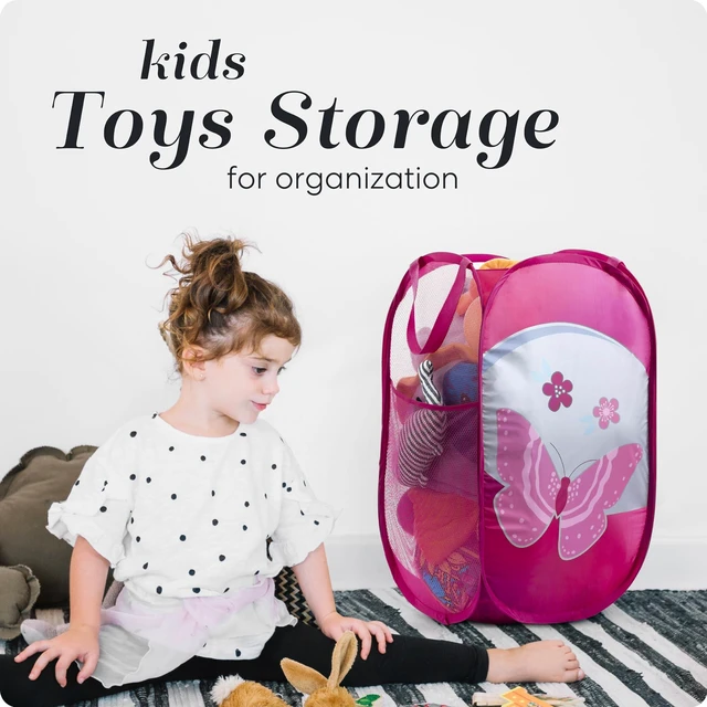 Alt view image 6 of 7 - Collapsible Mesh Pop Up Hamper (Butterfly) | Wide Opening, Side Pocket, Breathable, Sturdy, Foldable, Space-Saving for Clothes Storage