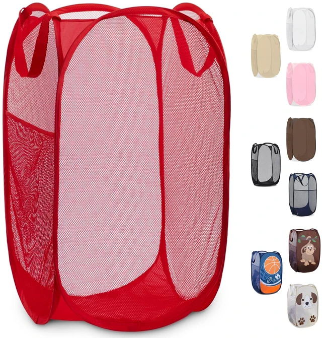 Main image of Collapsible Mesh Pop Up Laundry Hamper 14 x 13 x 24 in, Red | Wide Opening, Side Pocket, Breathable, Sturdy, Foldable, Space-Saving for Clothes Storage