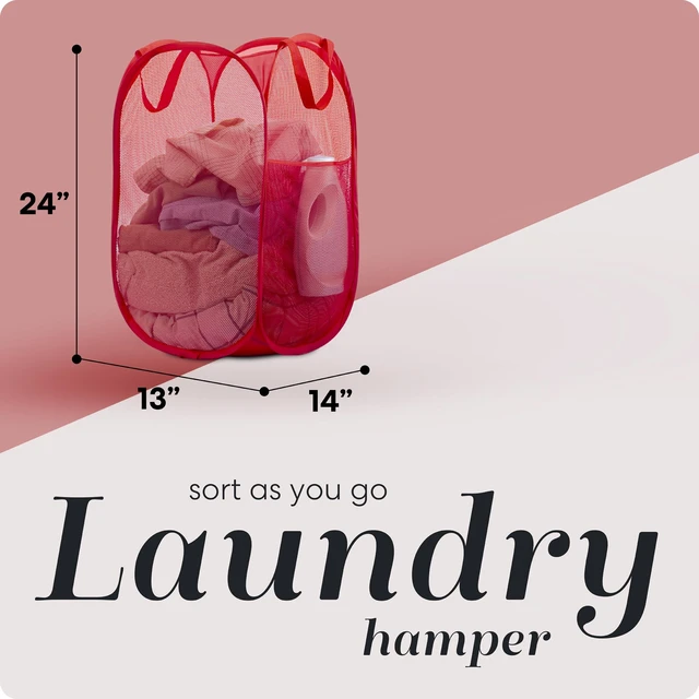 Alt view image 2 of 7 - Collapsible Mesh Pop Up Laundry Hamper 14 x 13 x 24 in, Red | Wide Opening, Side Pocket, Breathable, Sturdy, Foldable, Space-Saving for Clothes Storage