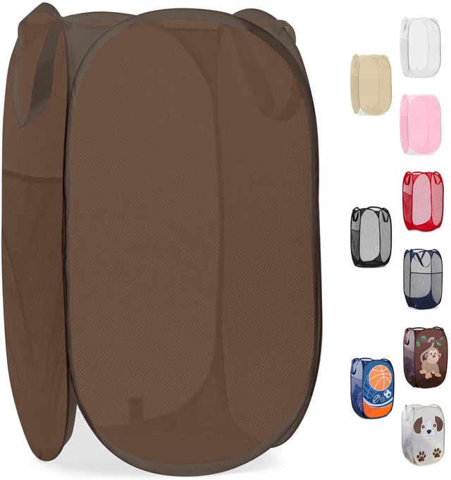 Main image of Collapsible Mesh Pop Up Laundry Hamper with Side Pocket | Sturdy Reinforced Handles, Breathable Foldable Basket for Dorm, Travel, Cruise, Bedroom, 14 x 13 x 24 in, Brown