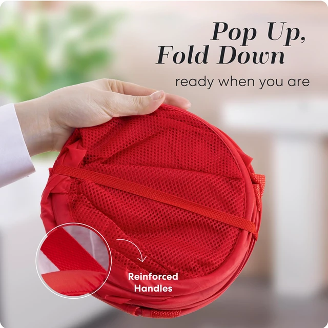 Alt view image 3 of 7 - Collapsible Mesh Pop Up Laundry Hamper 14 x 13 x 24 in, Red | Wide Opening, Side Pocket, Breathable, Sturdy, Foldable, Space-Saving for Clothes Storage