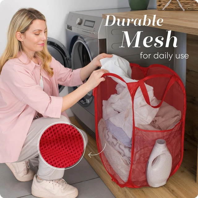 Alt view image 5 of 7 - Collapsible Mesh Pop Up Laundry Hamper 14 x 13 x 24 in, Red | Wide Opening, Side Pocket, Breathable, Sturdy, Foldable, Space-Saving for Clothes Storage
