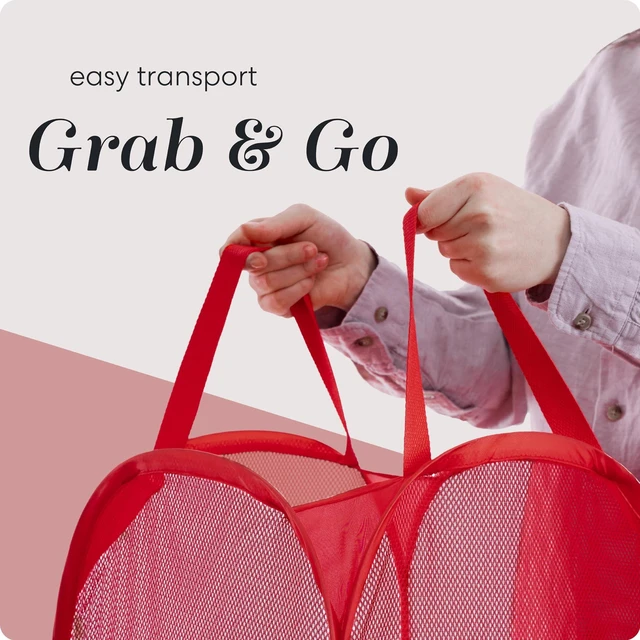 Alt view image 7 of 7 - Collapsible Mesh Pop Up Laundry Hamper 14 x 13 x 24 in, Red | Wide Opening, Side Pocket, Breathable, Sturdy, Foldable, Space-Saving for Clothes Storage
