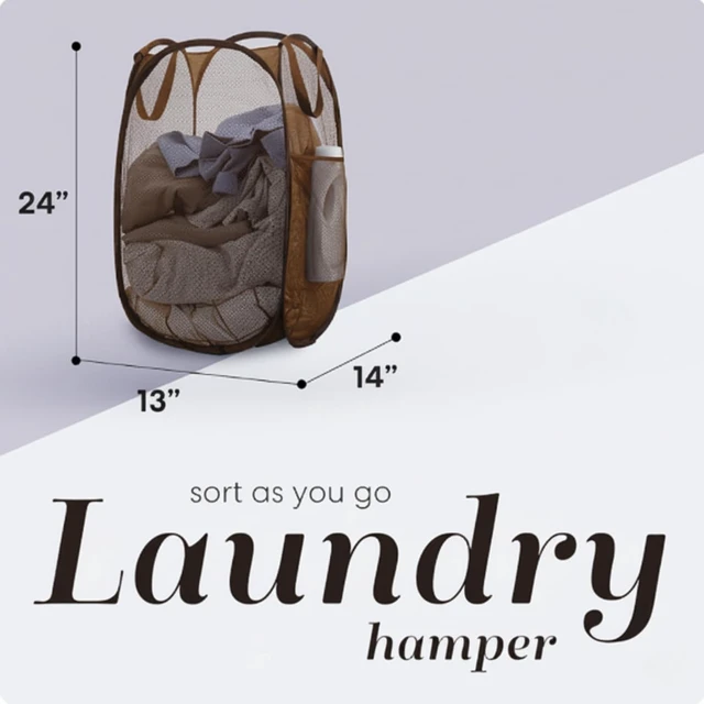 Alt view image 2 of 7 - Collapsible Mesh Pop Up Laundry Hamper with Side Pocket | Sturdy Reinforced Handles, Breathable Foldable Basket for Dorm, Travel, Cruise, Bedroom, 14 x 13 x 24 in, Brown