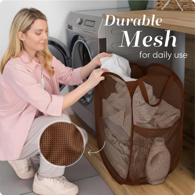 Alt view image 5 of 7 - Collapsible Mesh Pop Up Laundry Hamper with Side Pocket | Sturdy Reinforced Handles, Breathable Foldable Basket for Dorm, Travel, Cruise, Bedroom, 14 x 13 x 24 in, Brown
