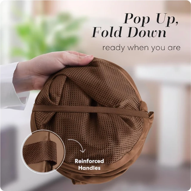 Alt view image 3 of 7 - Collapsible Mesh Pop Up Laundry Hamper with Side Pocket | Sturdy Reinforced Handles, Breathable Foldable Basket for Dorm, Travel, Cruise, Bedroom, 14 x 13 x 24 in, Brown