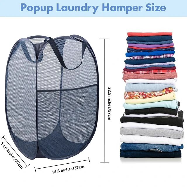 Alt view image 2 of 7 - Laundry Hamper, 70 L Collapsible Mesh Basket with Side Pocket, Blue | Reinforced handles, breathable fabric, foldable, portable for dorm college travel camping cruise, dirty clothes, toys storage
