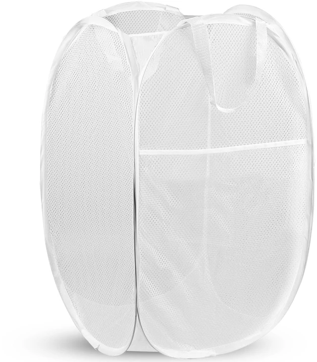 Main image of Laundry Hamper, 70 L Collapsible Mesh Basket with Side Pocket, White | Reinforced handles, breathable fabric, foldable, portable for dorm college travel camping cruise, dirty clothes, toys storage