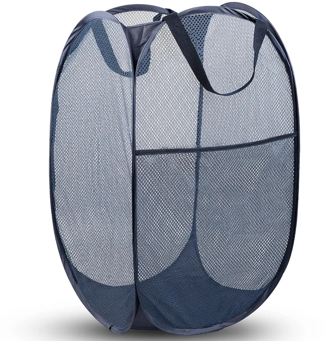 Main image of Laundry Hamper, 70 L Collapsible Mesh Basket with Side Pocket, Blue | Reinforced handles, breathable fabric, foldable, portable for dorm college travel camping cruise, dirty clothes, toys storage