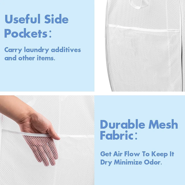 Alt view image 4 of 7 - Laundry Hamper, 70 L Collapsible Mesh Basket with Side Pocket, White | Reinforced handles, breathable fabric, foldable, portable for dorm college travel camping cruise, dirty clothes, toys storage