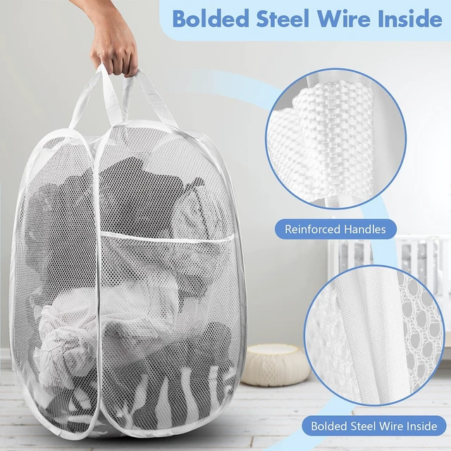 Alt view image 3 of 7 - Laundry Hamper, 70 L Collapsible Mesh Basket with Side Pocket, White | Reinforced handles, breathable fabric, foldable, portable for dorm college travel camping cruise, dirty clothes, toys storage