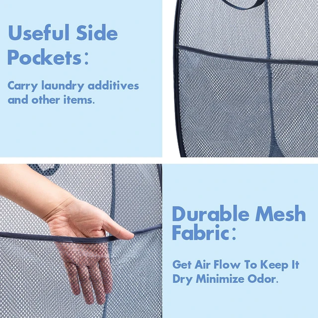 Alt view image 4 of 7 - Laundry Hamper, 70 L Collapsible Mesh Basket with Side Pocket, Blue | Reinforced handles, breathable fabric, foldable, portable for dorm college travel camping cruise, dirty clothes, toys storage