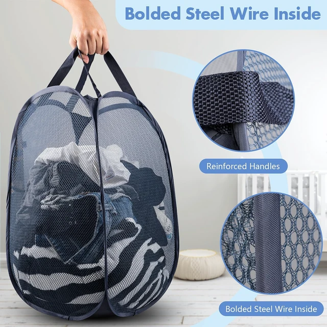 Alt view image 3 of 7 - Laundry Hamper, 70 L Collapsible Mesh Basket with Side Pocket, Blue | Reinforced handles, breathable fabric, foldable, portable for dorm college travel camping cruise, dirty clothes, toys storage