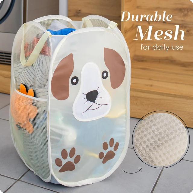 Alt view image 5 of 7 - Pop Up Laundry Hamper, Cute Puppy 71L Collapsible Mesh Basket with Handles | Breathable Foldable Clothes Basket, Reinforced Handles, Side Pocket - for Dorm, Travel, Kids Room, Bedroom - Handy Laundry