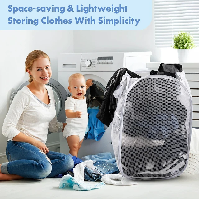 Alt view image 7 of 7 - Laundry Hamper, 70 L Collapsible Mesh Basket with Side Pocket, White | Reinforced handles, breathable fabric, foldable, portable for dorm college travel camping cruise, dirty clothes, toys storage