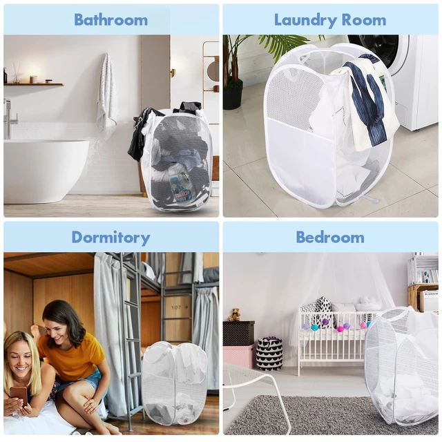 Alt view image 6 of 7 - Laundry Hamper, 70 L Collapsible Mesh Basket with Side Pocket, White | Reinforced handles, breathable fabric, foldable, portable for dorm college travel camping cruise, dirty clothes, toys storage