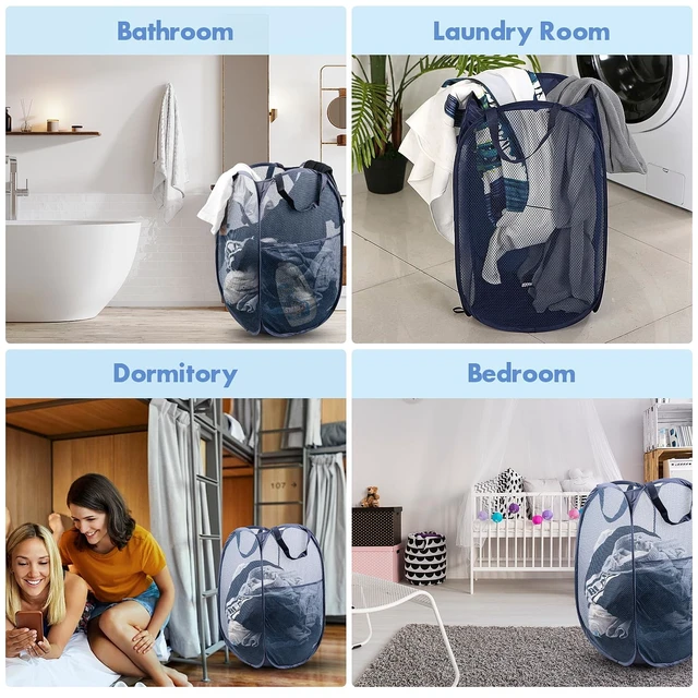 Alt view image 6 of 7 - Laundry Hamper, 70 L Collapsible Mesh Basket with Side Pocket, Blue | Reinforced handles, breathable fabric, foldable, portable for dorm college travel camping cruise, dirty clothes, toys storage