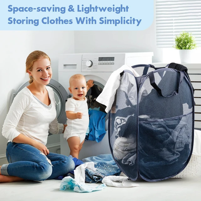 Alt view image 7 of 7 - Laundry Hamper, 70 L Collapsible Mesh Basket with Side Pocket, Blue | Reinforced handles, breathable fabric, foldable, portable for dorm college travel camping cruise, dirty clothes, toys storage