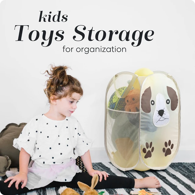 Alt view image 6 of 7 - Pop Up Laundry Hamper, Cute Puppy 71L Collapsible Mesh Basket with Handles | Breathable Foldable Clothes Basket, Reinforced Handles, Side Pocket - for Dorm, Travel, Kids Room, Bedroom - Handy Laundry