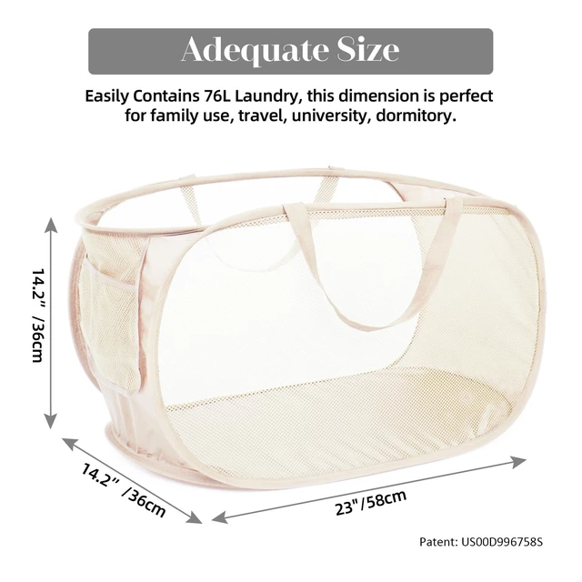 Alt view image 3 of 6 - Durable Collapsible Laundry Baskets, Mesh Pop Up Laundry Hamper with Side Pocket, Foldable Clothes Storage Hamper with Reinforced Carry Handles for Laundry, Bathroom, Kids Room, Dorm or Travel Beige