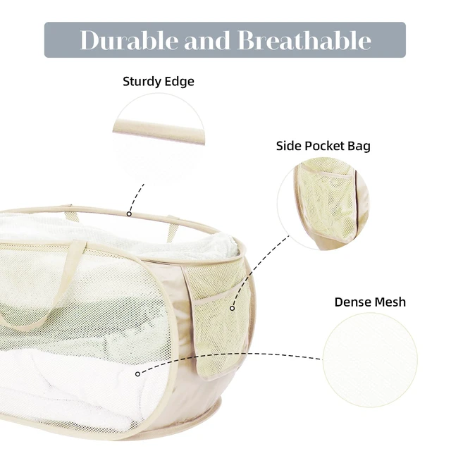 Alt view image 4 of 6 - Durable Collapsible Laundry Baskets, Mesh Pop Up Laundry Hamper with Side Pocket, Foldable Clothes Storage Hamper with Reinforced Carry Handles for Laundry, Bathroom, Kids Room, Dorm or Travel Beige