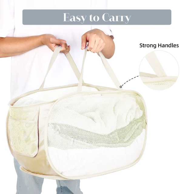 Alt view image 5 of 6 - Durable Collapsible Laundry Baskets, Mesh Pop Up Laundry Hamper with Side Pocket, Foldable Clothes Storage Hamper with Reinforced Carry Handles for Laundry, Bathroom, Kids Room, Dorm or Travel Beige