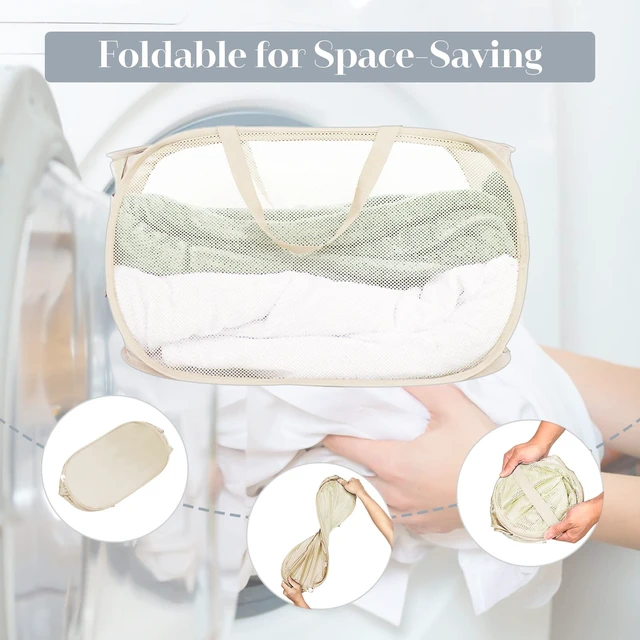 Alt view image 6 of 6 - Durable Collapsible Laundry Baskets, Mesh Pop Up Laundry Hamper with Side Pocket, Foldable Clothes Storage Hamper with Reinforced Carry Handles for Laundry, Bathroom, Kids Room, Dorm or Travel Beige