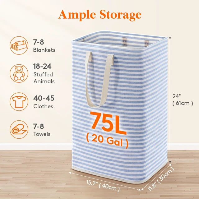 Alt view image 2 of 7 - 75L Large Collapsible Laundry Basket with Extended Handles, Blue | Foldable Laundry Hamper, Tall Dirty Clothes Basket, Waterproof, Freestanding Design for Bedroom, Bathroom, College Dorm
