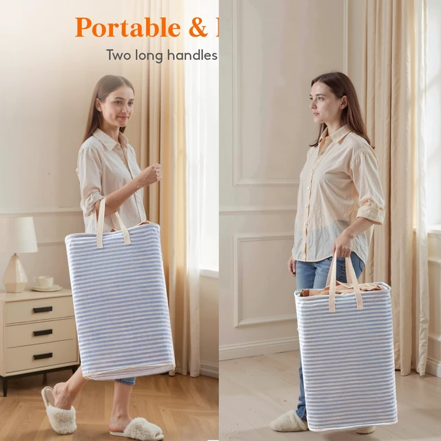 Alt view image 4 of 7 - 75L Large Collapsible Laundry Basket with Extended Handles, Blue | Foldable Laundry Hamper, Tall Dirty Clothes Basket, Waterproof, Freestanding Design for Bedroom, Bathroom, College Dorm