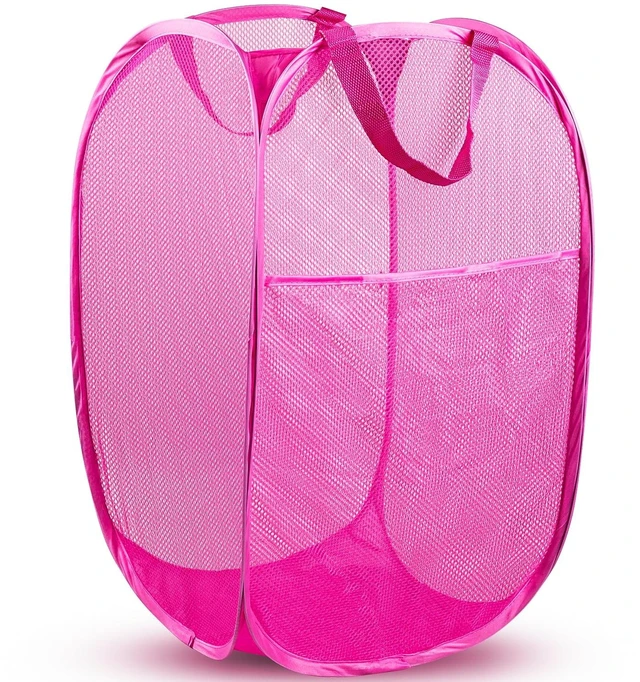 Main image of Laundry Hamper, 70 L Collapsible Mesh Basket with Side Pocket, Pink | Reinforced handles, breathable fabric, foldable, portable for dorm college travel camping cruise, dirty clothes, toys storage