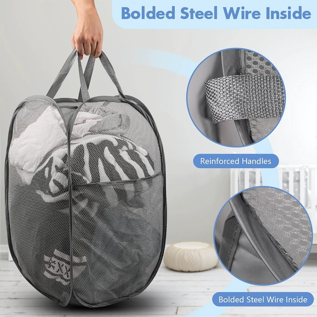 Alt view image 3 of 7 - Laundry Hamper, 70 L Collapsible Mesh Basket with Side Pocket, Gray | Reinforced handles, breathable fabric, foldable, portable for dorm college travel camping cruise, dirty clothes, toys storage