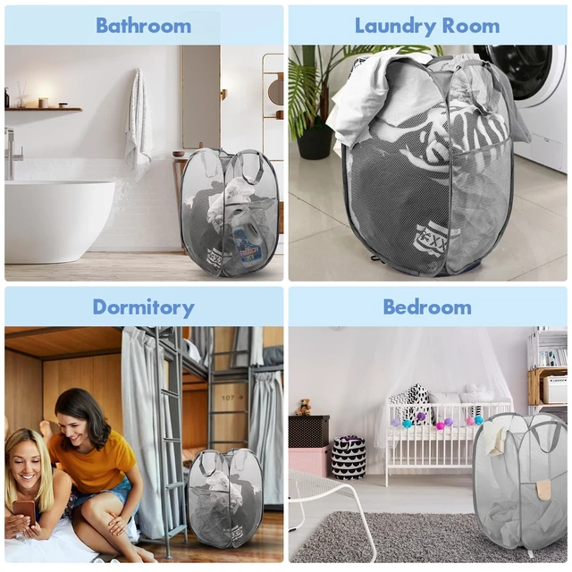 Alt view image 6 of 7 - Laundry Hamper, 70 L Collapsible Mesh Basket with Side Pocket, Gray | Reinforced handles, breathable fabric, foldable, portable for dorm college travel camping cruise, dirty clothes, toys storage