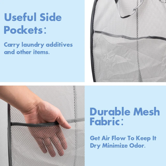Alt view image 4 of 7 - Laundry Hamper, 70 L Collapsible Mesh Basket with Side Pocket, Gray | Reinforced handles, breathable fabric, foldable, portable for dorm college travel camping cruise, dirty clothes, toys storage