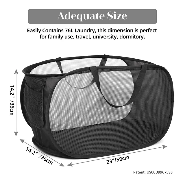 Alt view image 3 of 7 - Durable Collapsible Laundry Baskets, Mesh Pop Up Laundry Hamper with Side Pocket, Foldable Clothes Storage Hamper with Reinforced Carry Handles for Laundry, Bathroom, Kids Room, Dorm or Travel Black