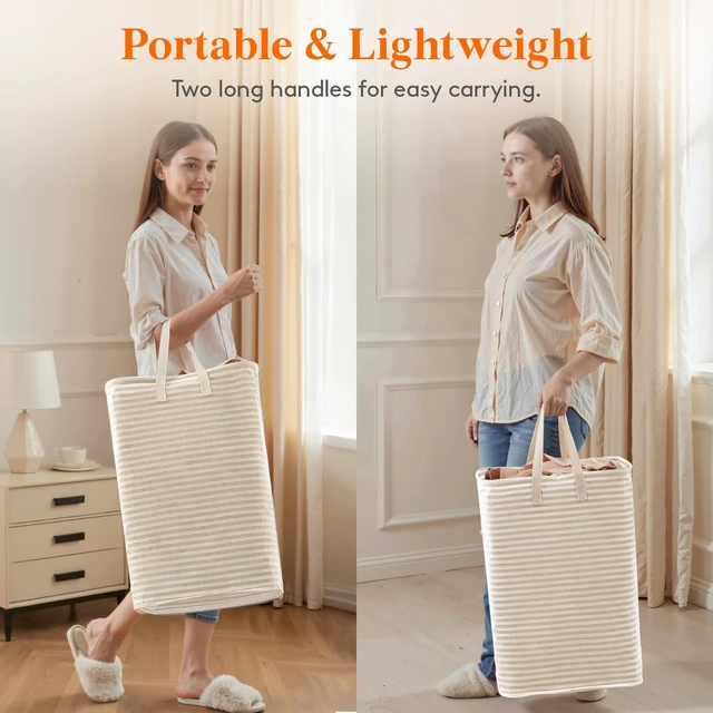 Alt view image 4 of 7 - 75L Large Collapsible Laundry Basket with Extended Handles, Beige | Foldable Laundry Hamper, Tall Dirty Clothes Basket, Waterproof, Freestanding Design for Bedroom, Bathroom, College Dorm