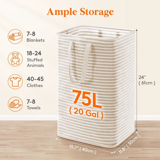 Alt view image 2 of 7 - 75L Large Collapsible Laundry Basket with Extended Handles, Beige | Foldable Laundry Hamper, Tall Dirty Clothes Basket, Waterproof, Freestanding Design for Bedroom, Bathroom, College Dorm