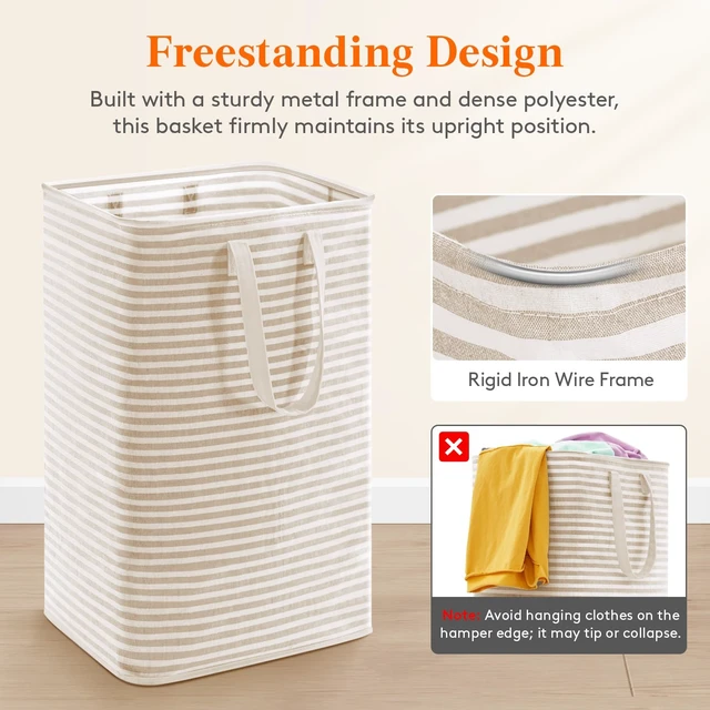 Alt view image 5 of 7 - 75L Large Collapsible Laundry Basket with Extended Handles, Beige | Foldable Laundry Hamper, Tall Dirty Clothes Basket, Waterproof, Freestanding Design for Bedroom, Bathroom, College Dorm