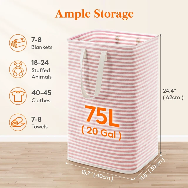 Alt view image 2 of 7 - 75L Large Collapsible Laundry Basket with Extended Handles, Pink | Foldable Laundry Hamper, Tall Dirty Clothes Basket, Waterproof, Freestanding Design for Bedroom, Bathroom, College Dorm