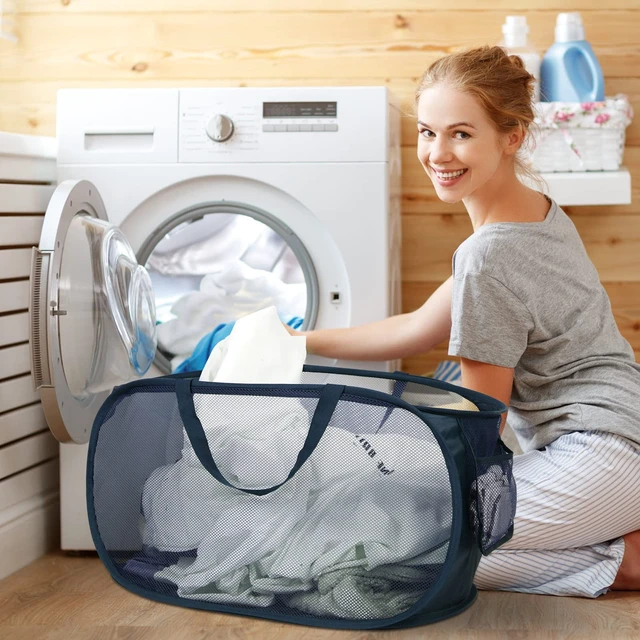 Alt view image 2 of 7 - Durable Collapsible Laundry Baskets, Mesh Pop Up Laundry Hamper with Side Pocket, Foldable Clothes Storage Hamper with Reinforced Carry Handles for Laundry, Bathroom, Kids Room, Dorm or Travel Navy
