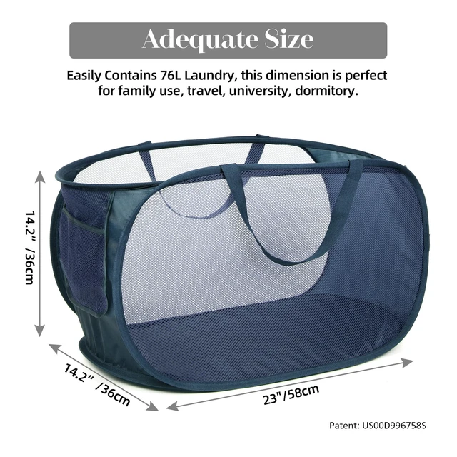 Alt view image 3 of 7 - Durable Collapsible Laundry Baskets, Mesh Pop Up Laundry Hamper with Side Pocket, Foldable Clothes Storage Hamper with Reinforced Carry Handles for Laundry, Bathroom, Kids Room, Dorm or Travel Navy