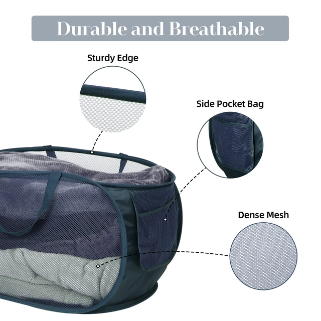 Alt view image 4 of 7 - Durable Collapsible Laundry Baskets, Mesh Pop Up Laundry Hamper with Side Pocket, Foldable Clothes Storage Hamper with Reinforced Carry Handles for Laundry, Bathroom, Kids Room, Dorm or Travel Navy