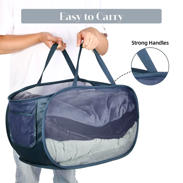 Alt view image 5 of 7 - Durable Collapsible Laundry Baskets, Mesh Pop Up Laundry Hamper with Side Pocket, Foldable Clothes Storage Hamper with Reinforced Carry Handles for Laundry, Bathroom, Kids Room, Dorm or Travel Navy