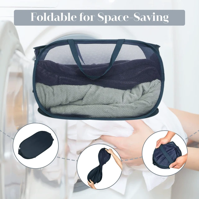 Alt view image 6 of 7 - Durable Collapsible Laundry Baskets, Mesh Pop Up Laundry Hamper with Side Pocket, Foldable Clothes Storage Hamper with Reinforced Carry Handles for Laundry, Bathroom, Kids Room, Dorm or Travel Navy