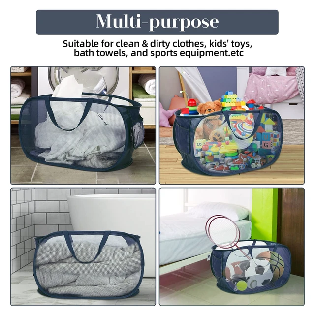 Alt view image 7 of 7 - Durable Collapsible Laundry Baskets, Mesh Pop Up Laundry Hamper with Side Pocket, Foldable Clothes Storage Hamper with Reinforced Carry Handles for Laundry, Bathroom, Kids Room, Dorm or Travel Navy