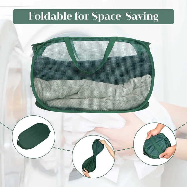 Alt view image 5 of 7 - Sturdy Mesh Pop Up Laundry Hamper, Collapsible Laundry Baskets with Side Pocket, Foldable Clothes Hamper with Reinforced Carry Handles for Laundry, Bathroom, Kids Room, Dorm or Travel Emerald